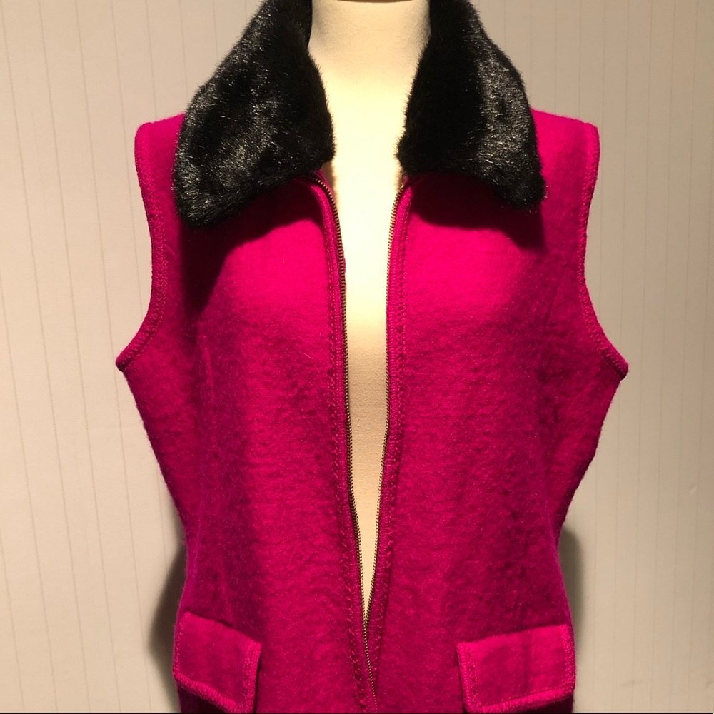 Hot Pink Wool Vest with Black Faux Fur Collar